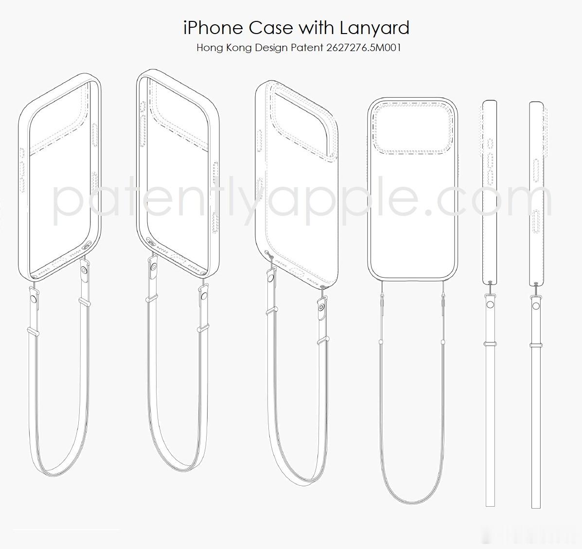 这是Apple在中国香港提交的带挂绳iPhone保护壳外观设计专利图，专利编号为