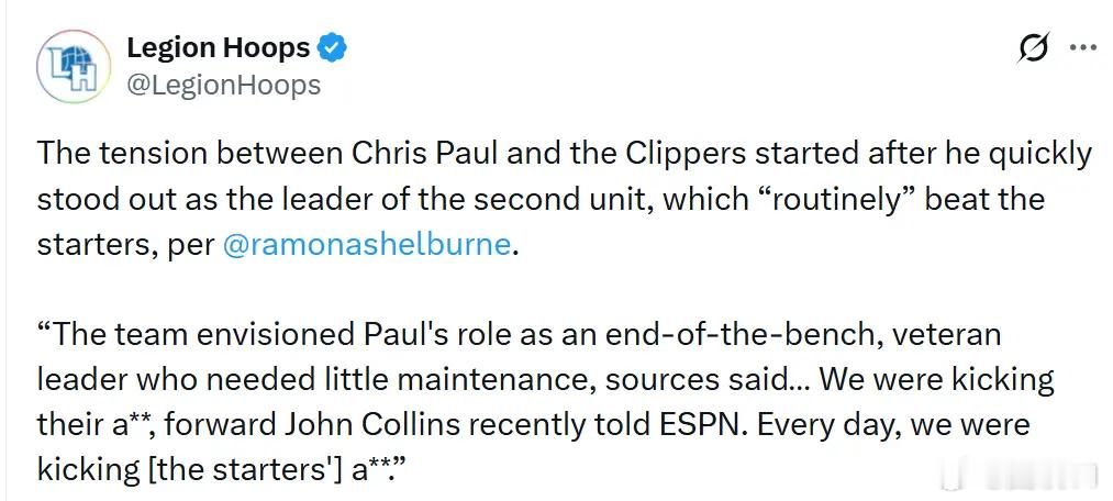 快船有两套首发是真的，并且经常把首发打得落花流水！科林斯最近告诉ESPN：“我们