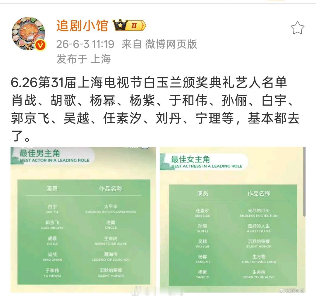 6.26第31届上海电视节白玉兰颁奖典礼艺人名单肖战、胡歌、杨幂、杨紫、于和伟、