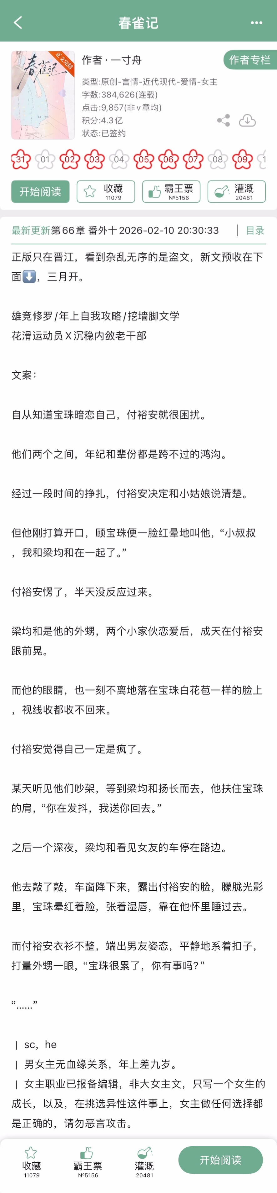 一寸舟的《春雀记》完结啦！现言➕雄竞修罗场➕年上自我攻略➕挖墙脚文学，花滑运动员