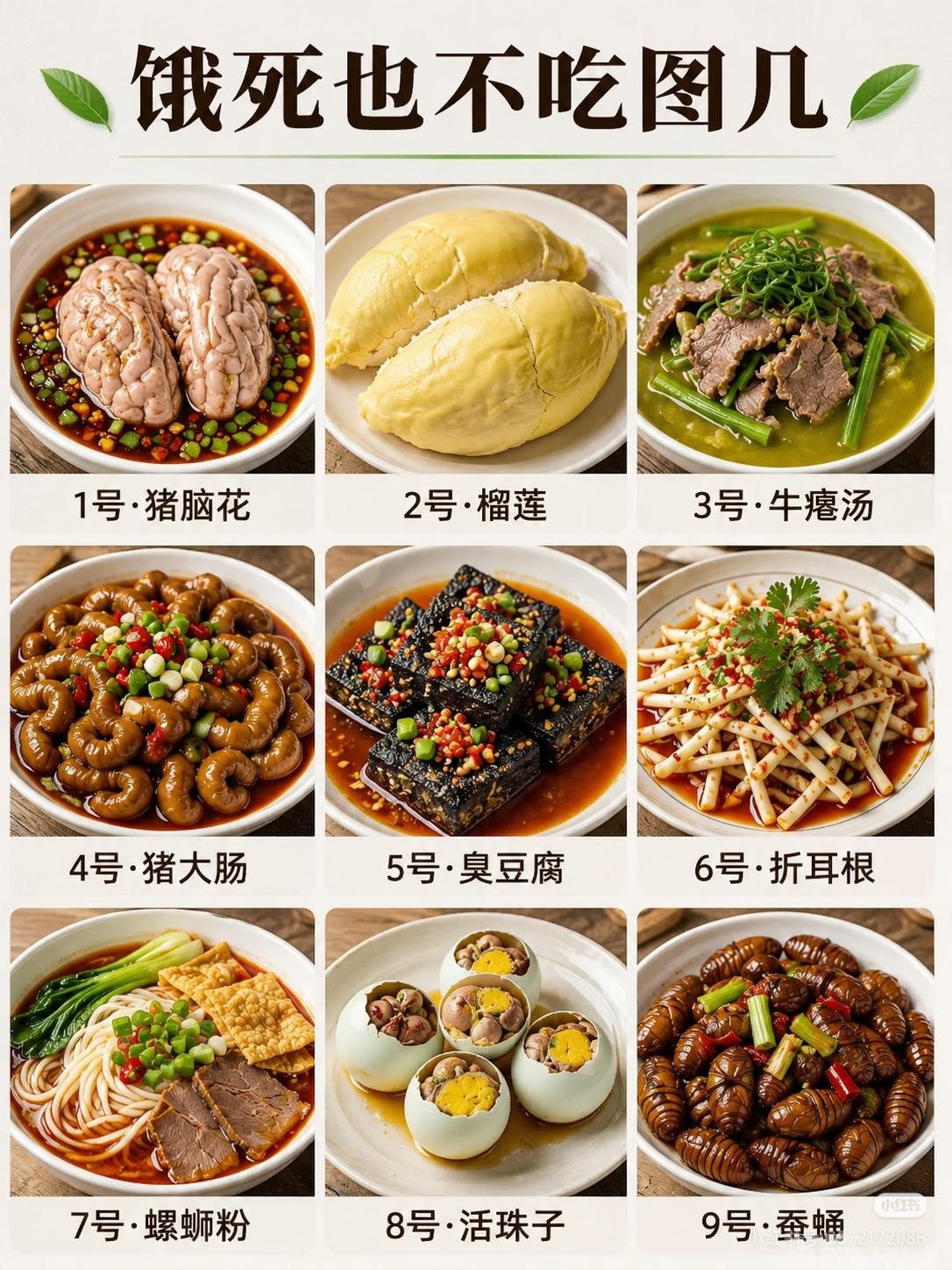 饿死也不吃图几
牛瘪汤和活珠子没吃过，其他都吃过，并且爱吃猪大肠、臭豆腐和螺蛳粉