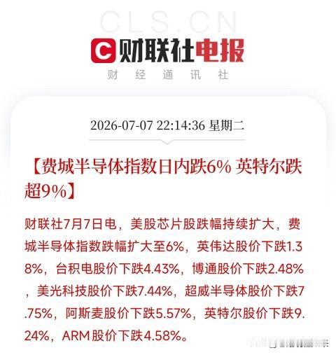 深夜10点，一道惊雷再次从华尔街劈下来

费城半导体指数日内大幅回调6%，英特尔