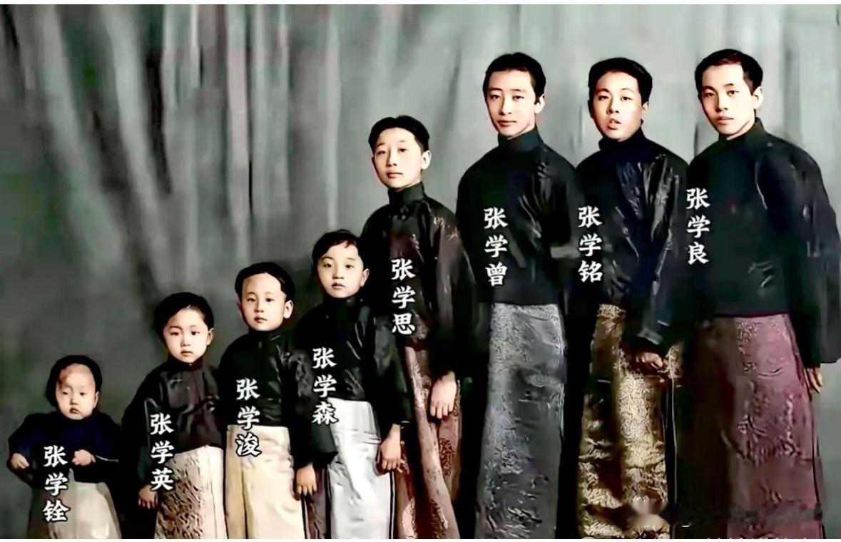 这是张作霖八个儿子一张十分罕见的合影。兄弟八人按年龄依次排开，长子张学良已是青年