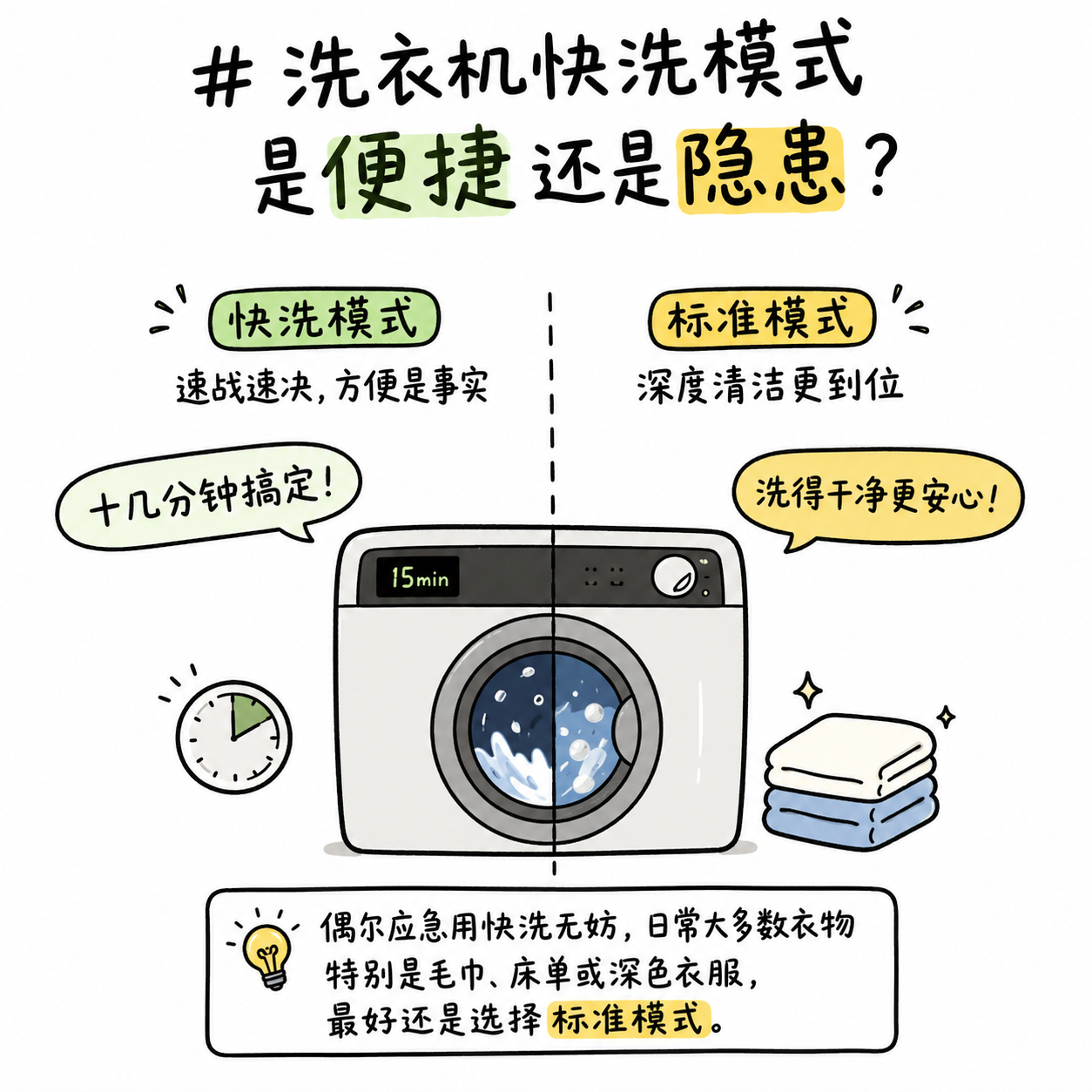 洗衣机快洗模式是便捷还是隐患 隐患我觉得说不上，只不过深度衣物清洁可能不到位（对