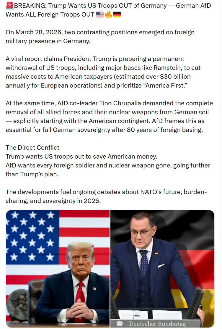 特朗普希望美国军队撤出德国 —— 德国AfD要求所有外国军队全部撤出。

202