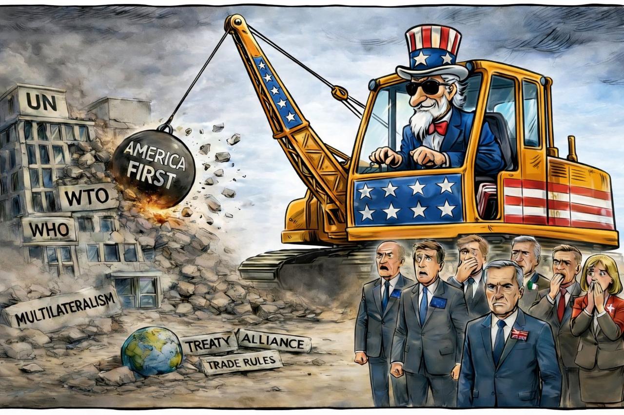 当“美国优先”将多边规则化为瓦砾。——新华社