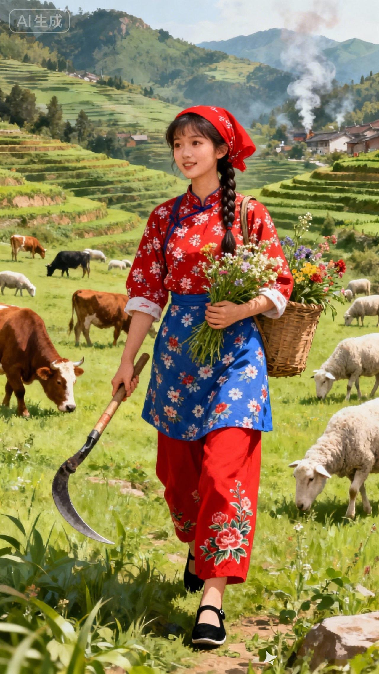 田园牧歌生活，红裙少女与牛羊相伴，花篮里的浪漫！