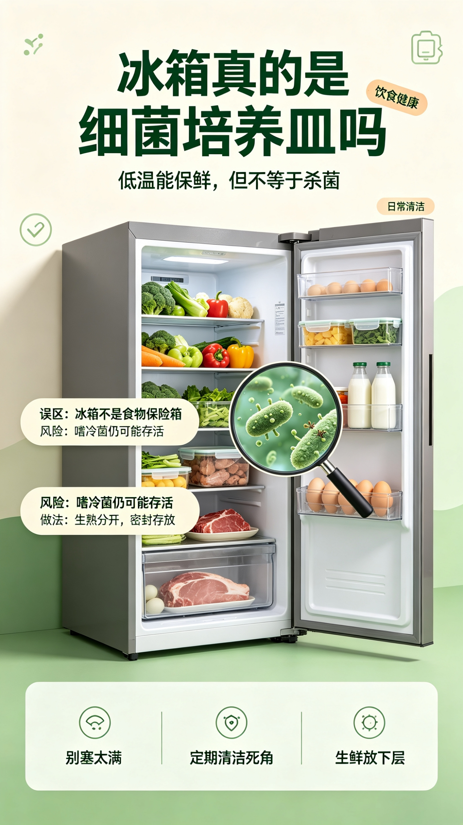 冰箱真的是细菌培养皿吗不少人误以为冰箱是食物保险箱，剩菜、生鲜随便往里丢，觉得低