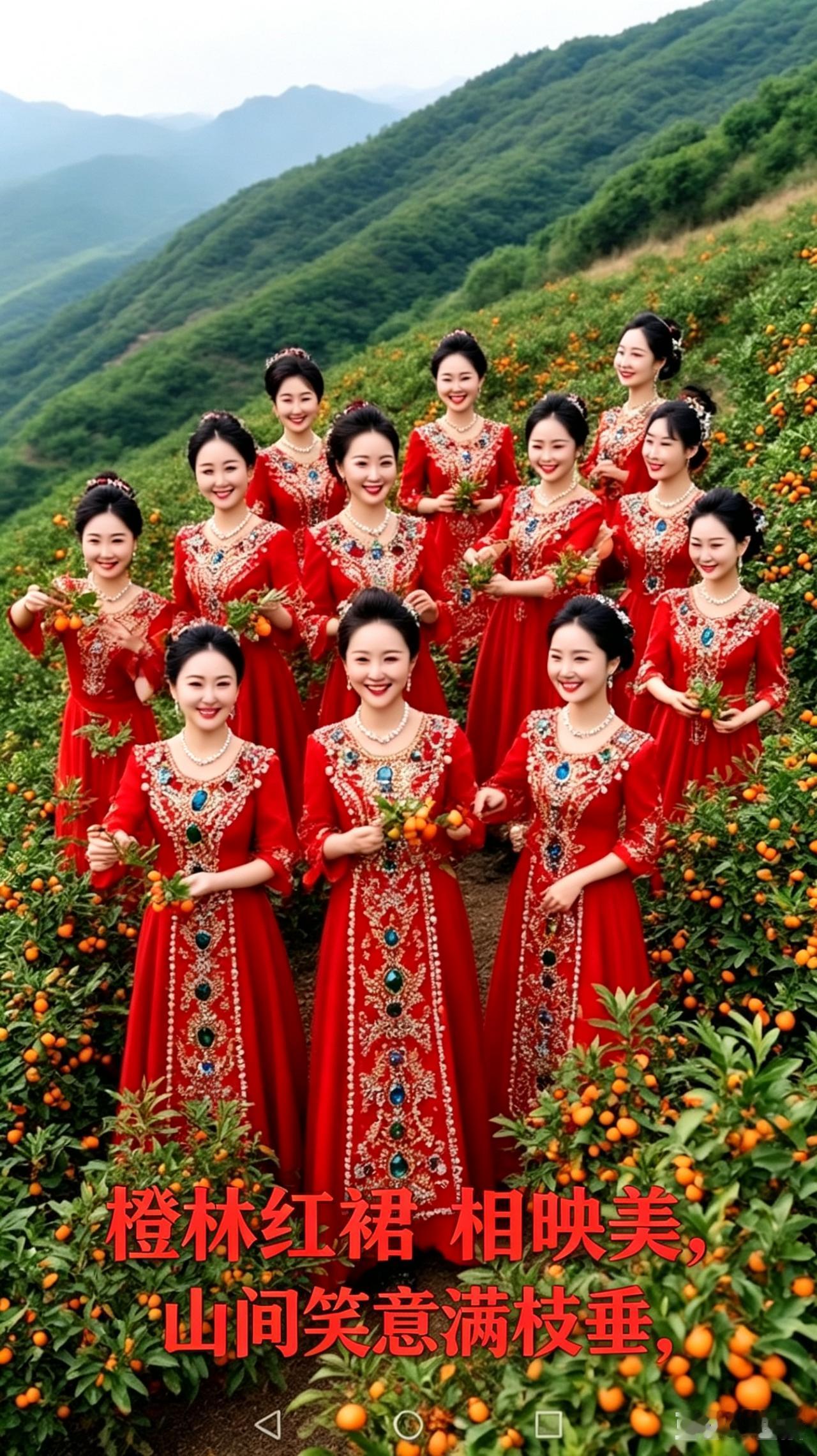 青山果树绕身畔
十二佳人圈里站
同款衣衫匀春色
各展娇姿露俏颜
眸转波光明若星