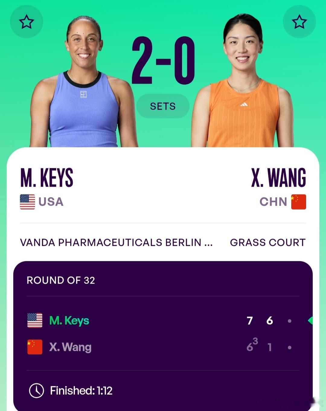 WTA500柏林站🇩🇪女单第1轮王欣瑜🇨🇳6-7(3)/1-6不敌凯斯?
