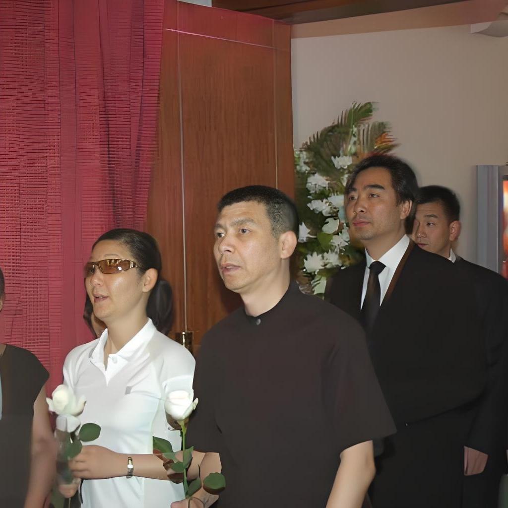 2005年，傅彪追思会现场，冯小刚和徐帆持白花到场，一张罕见的留影，眼神中难掩哀