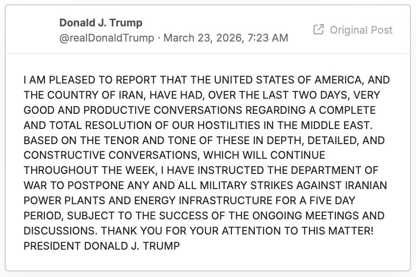 号外！明天先不打电厂了！北京时间今日晚上7点23分，特朗普发帖称：“我很高兴地报