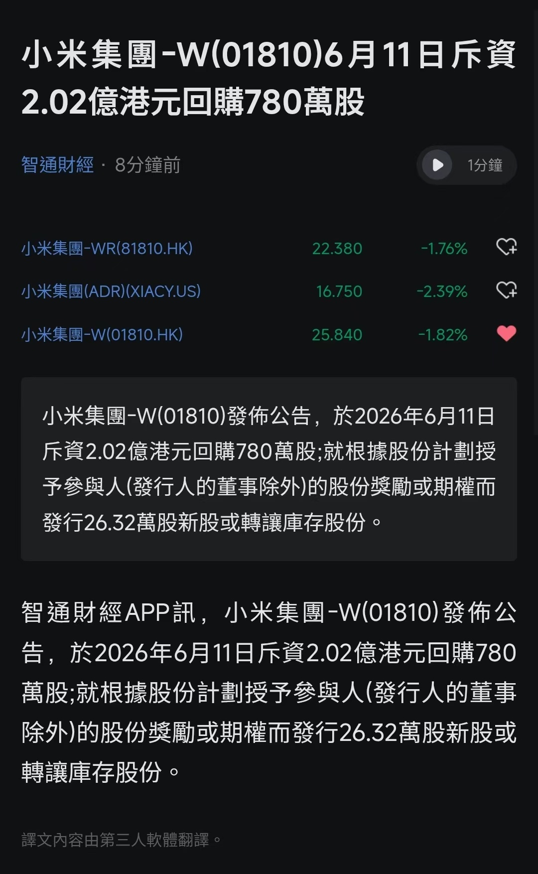 今天回购了2亿港币will的小米基本面研究
