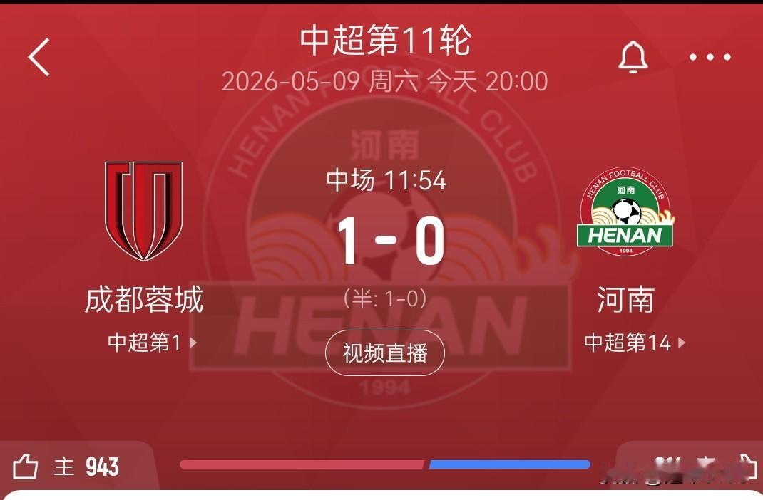 上半场，成都蓉城1-0河南。

9日夜中超第11轮，成都蓉城主场战河南，上半场结