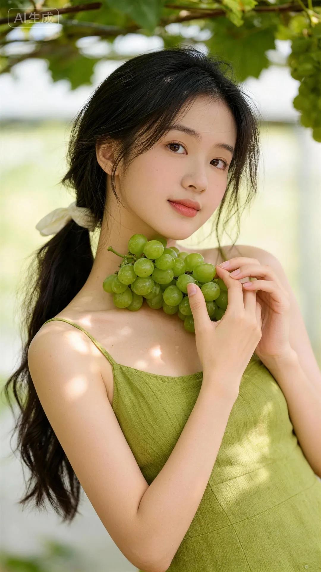 夏日清新少女，绿葡萄的甜美诱惑🍇💚把夏天的阳光和青提，都酿成甜甜的你，他掉一