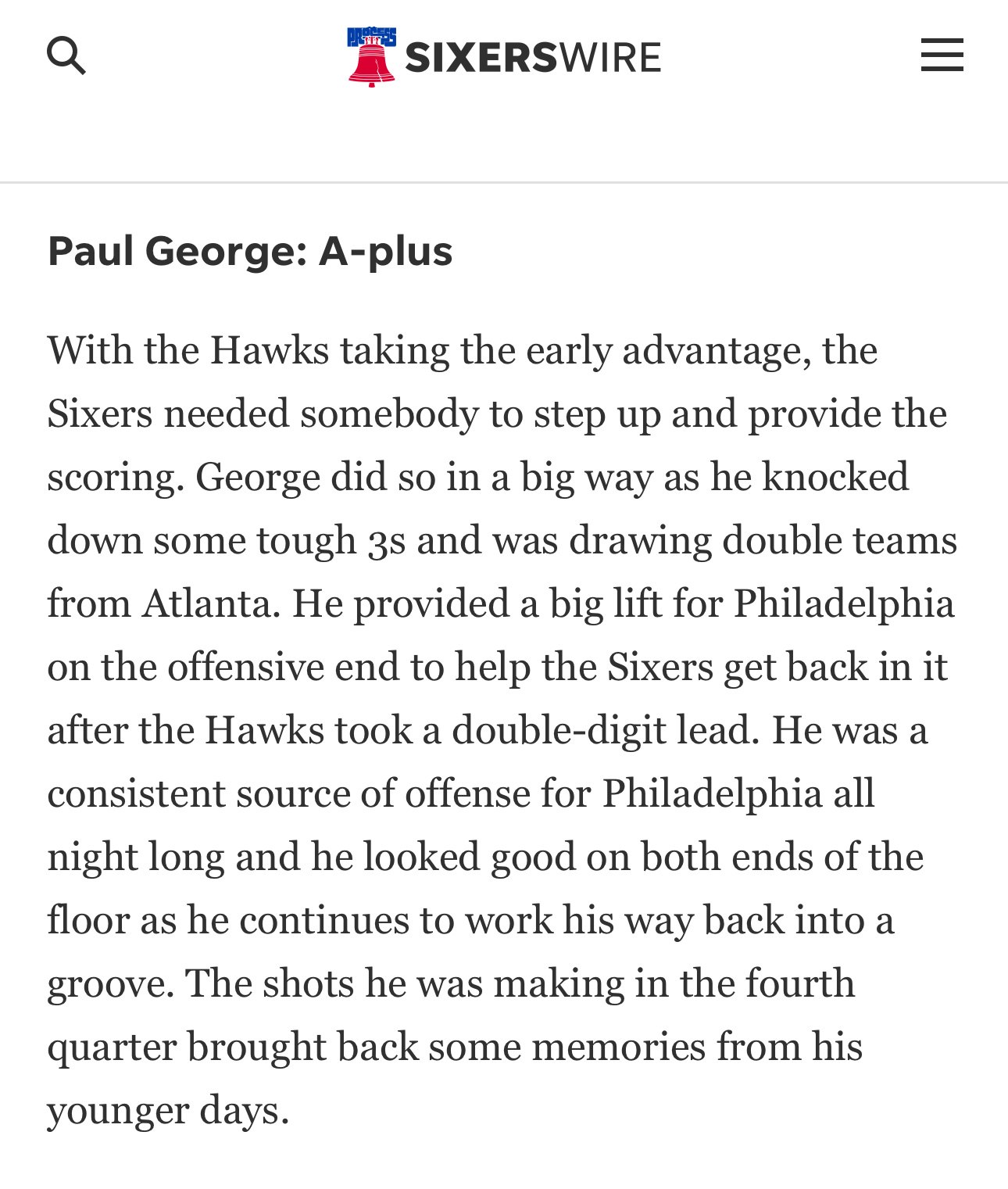 76人媒体对保罗·乔治今日对阵老鹰比赛的评价保罗·乔治评级：A+在老鹰队早早确立