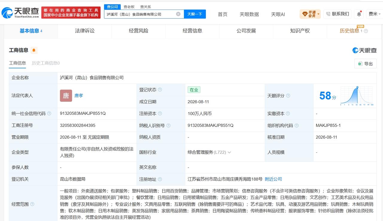 天眼查App显示，近日，泸溪河（昆山）食品销售有限公司成立，法定代表人为唐孝，注