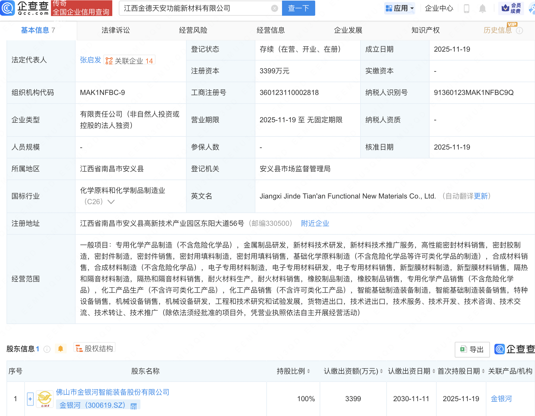 金银河在江西成立功能新材料公司