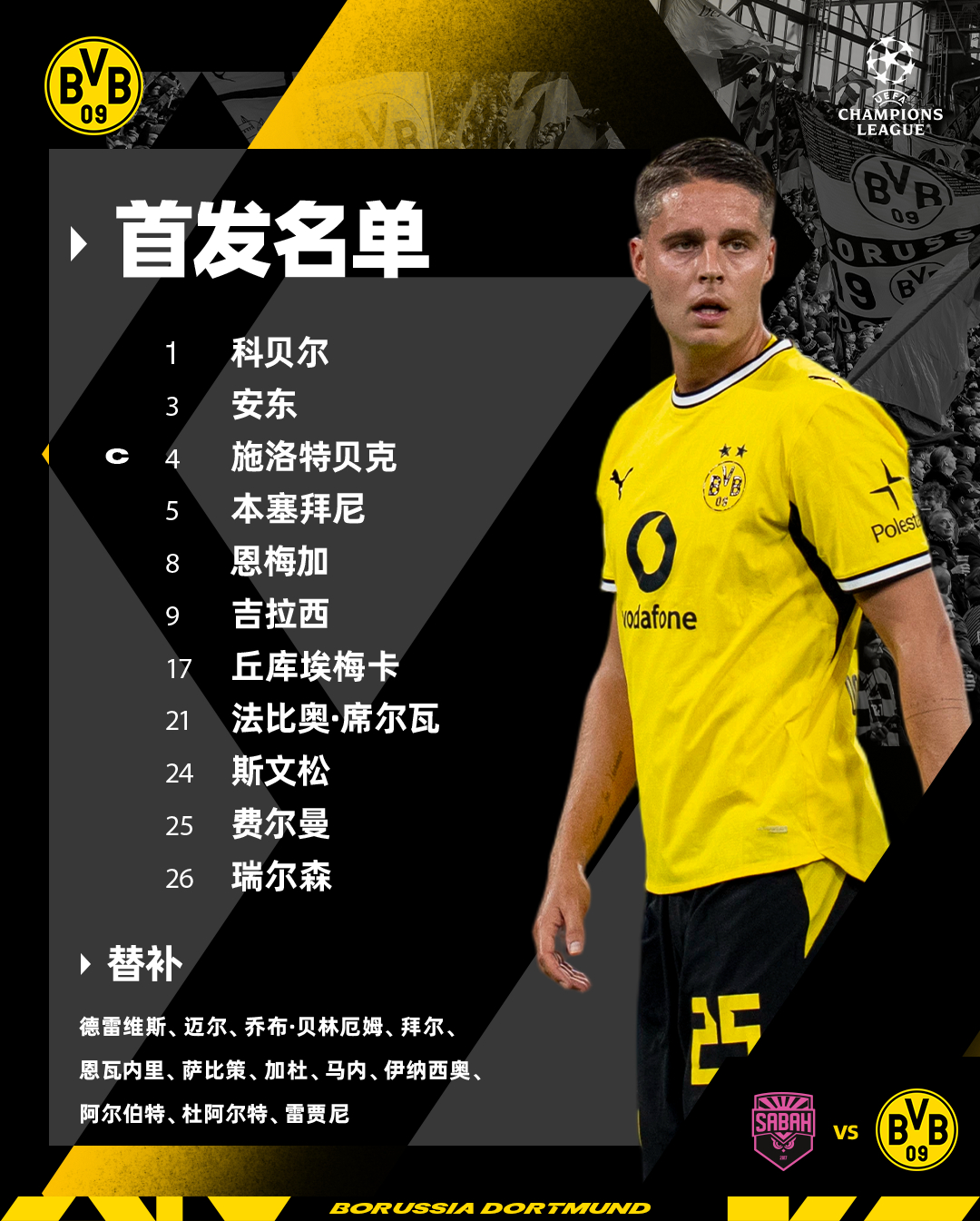对阵萨巴赫，首发名单新鲜出炉！【首发】1.科贝尔 3.安东 4.施洛特贝克 5.