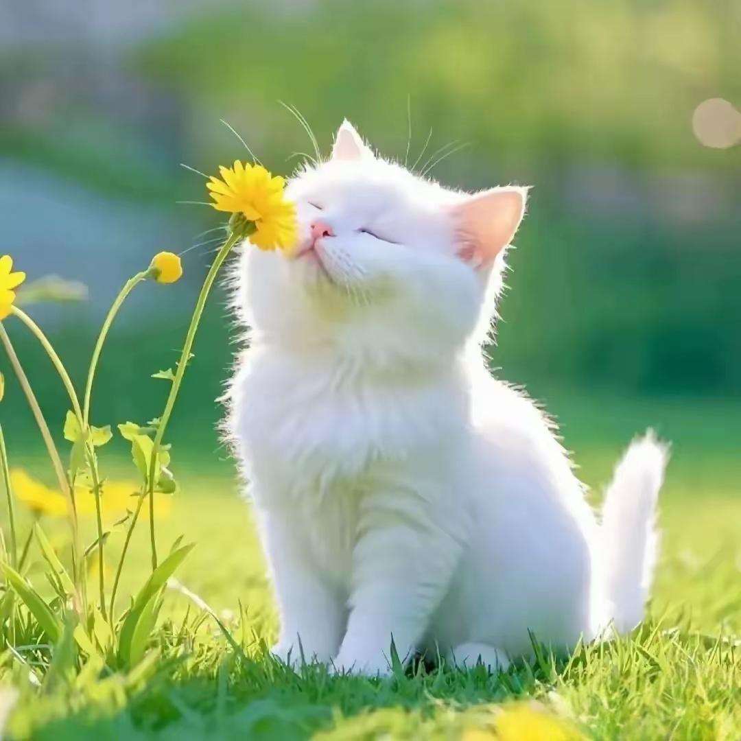 “阳光下的白猫与野花，宁静的午后时光”🌼🐱🌞
