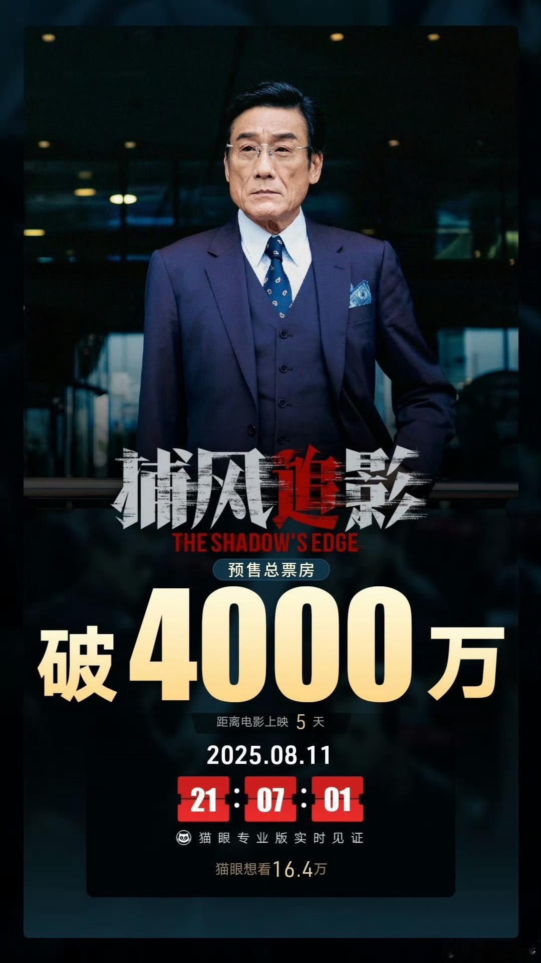 捕风追影预售总票房破4000万据猫眼专业版数据，电影《捕风追影》映前5天， 点映