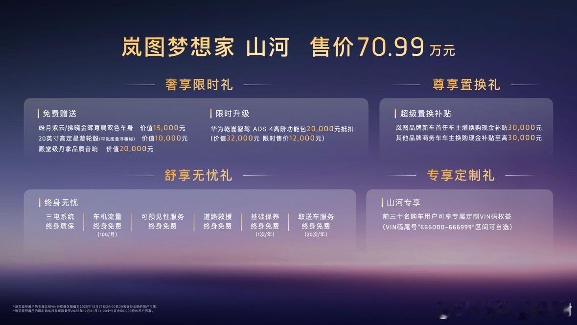 售价70.99万元
岚图梦想家山河上市