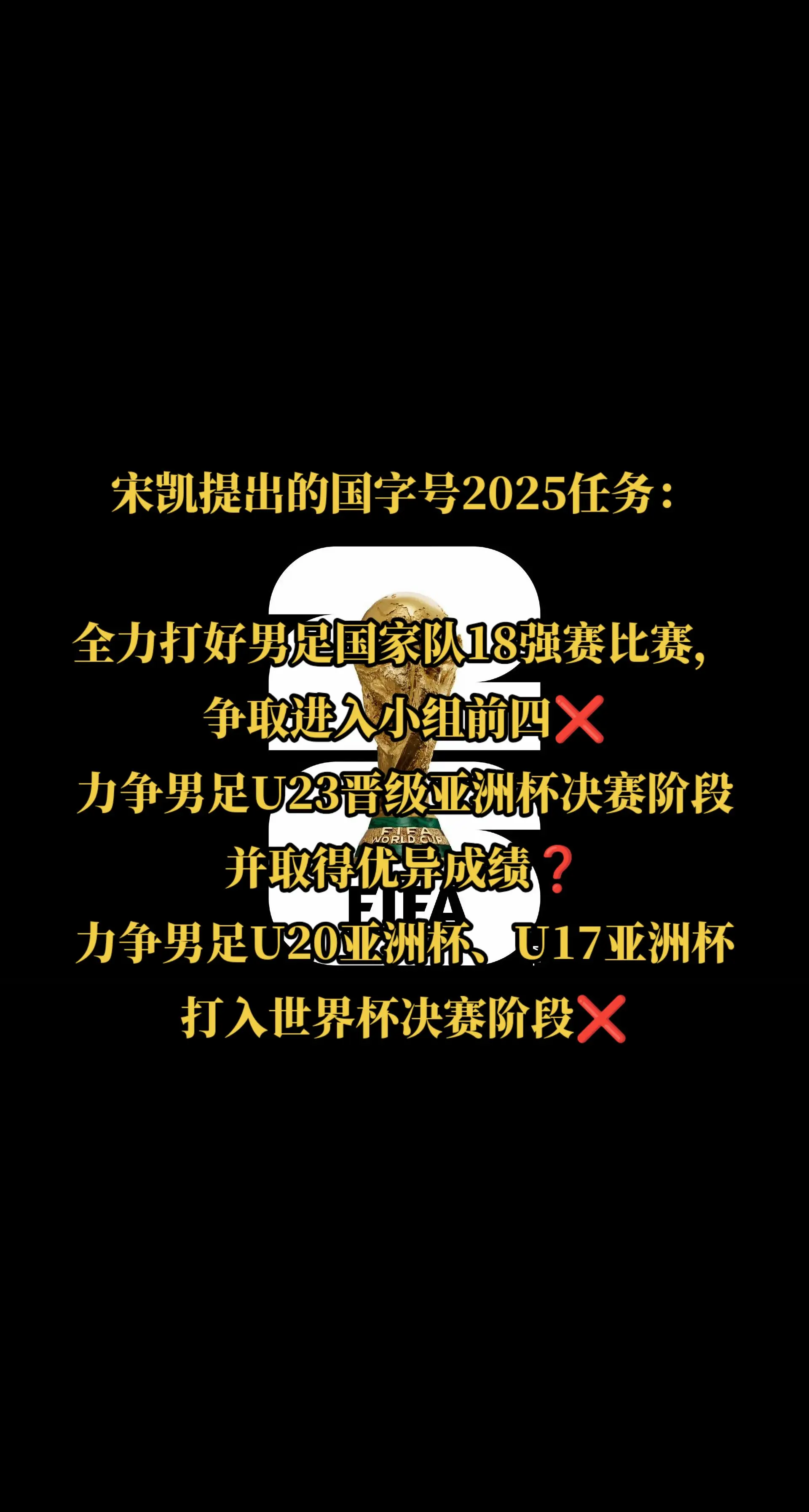 宋凯提出的国字号2025任务： 全力打好男足国家队18强赛比赛，争取进...