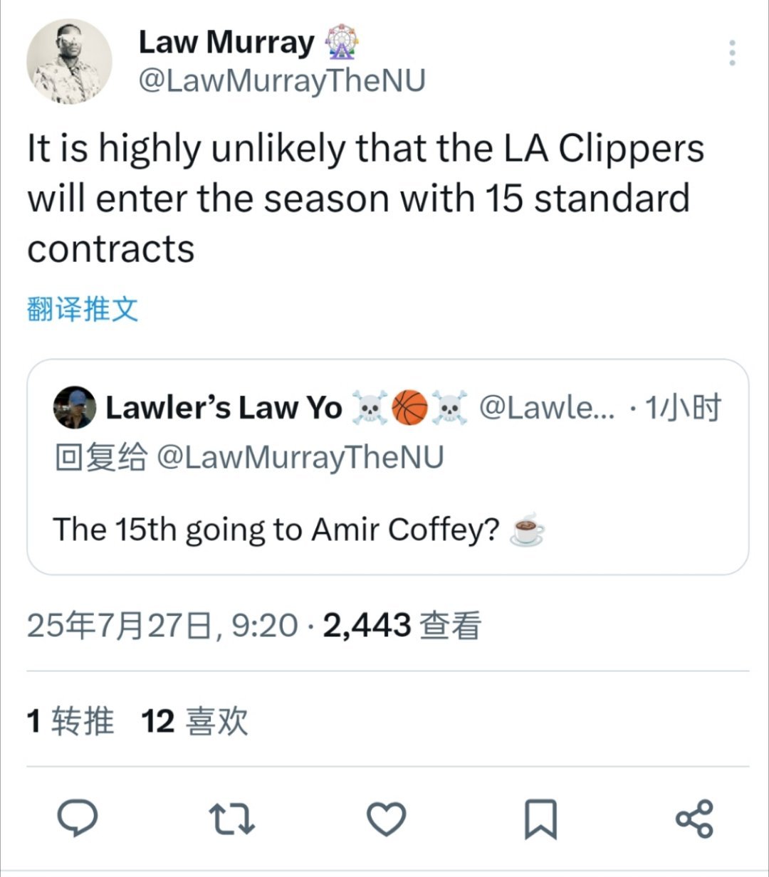 Law Murray:快船不太可能在新赛季开始前将阵容中最后一个人员名额用掉 ​
