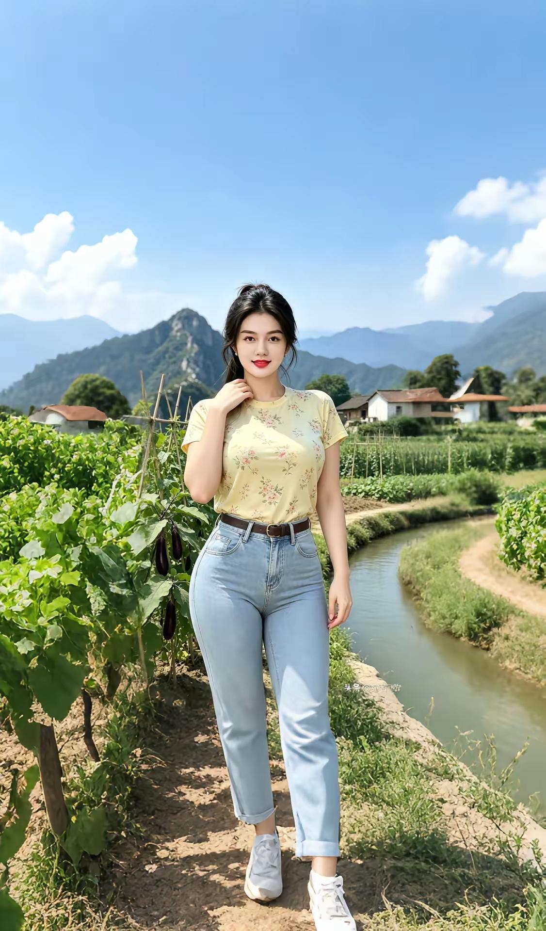 田园风光中的甜美少女，轻松自在地享受美好时光。🌿💐🌸