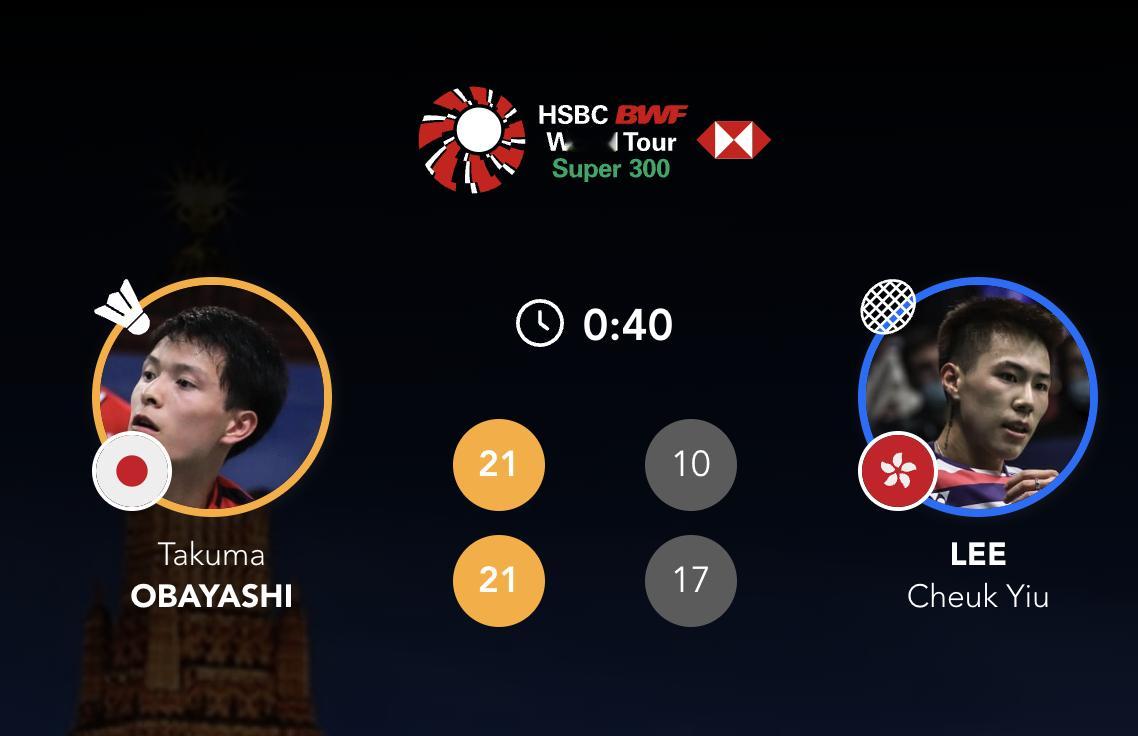 大林拓真🇯🇵 21-10、21-17 🇭🇰李卓耀下轮：大林拓真🇯🇵 
