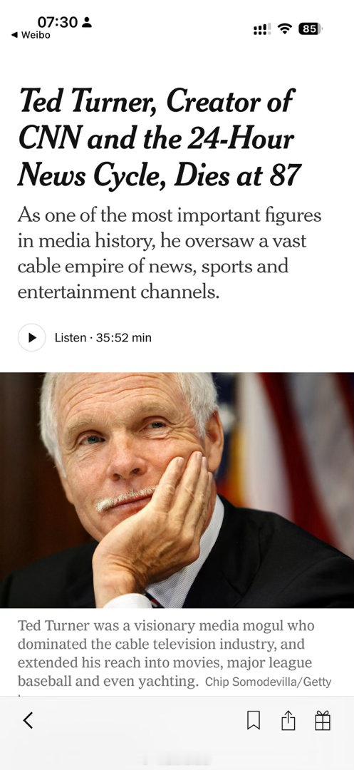 泰德·特纳（Ted Turner）周三在佛罗里达州塔拉哈西附近的家中去世，享年 