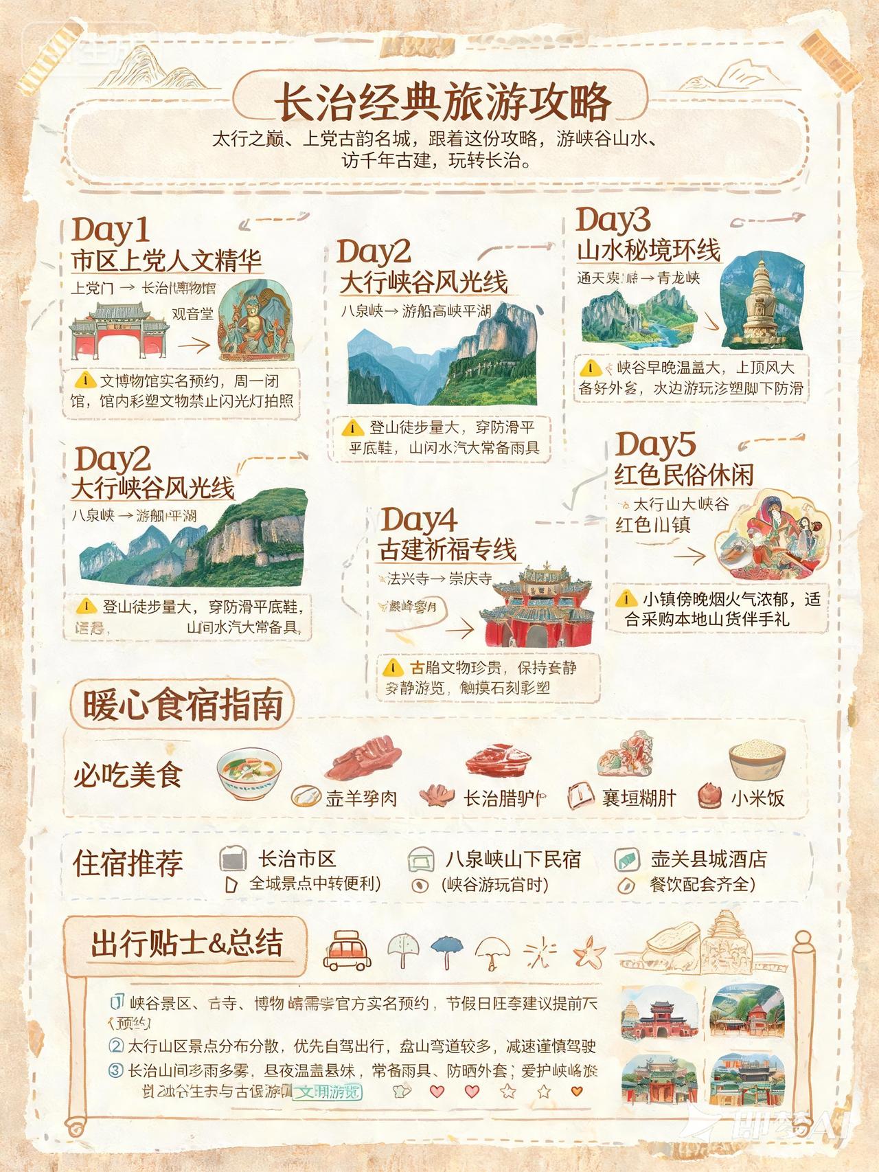 山西3日游去哪比较好?

山西长治经典旅游攻略信息图：

Day1 市区上党人文