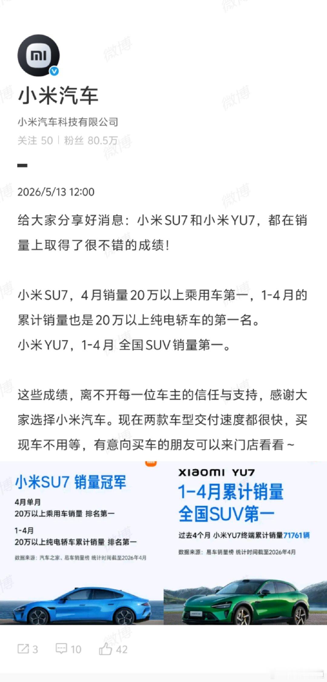 【小米YU7前4月全国SUV销量第一】小米YU7前4月累计销量71761辆5月1