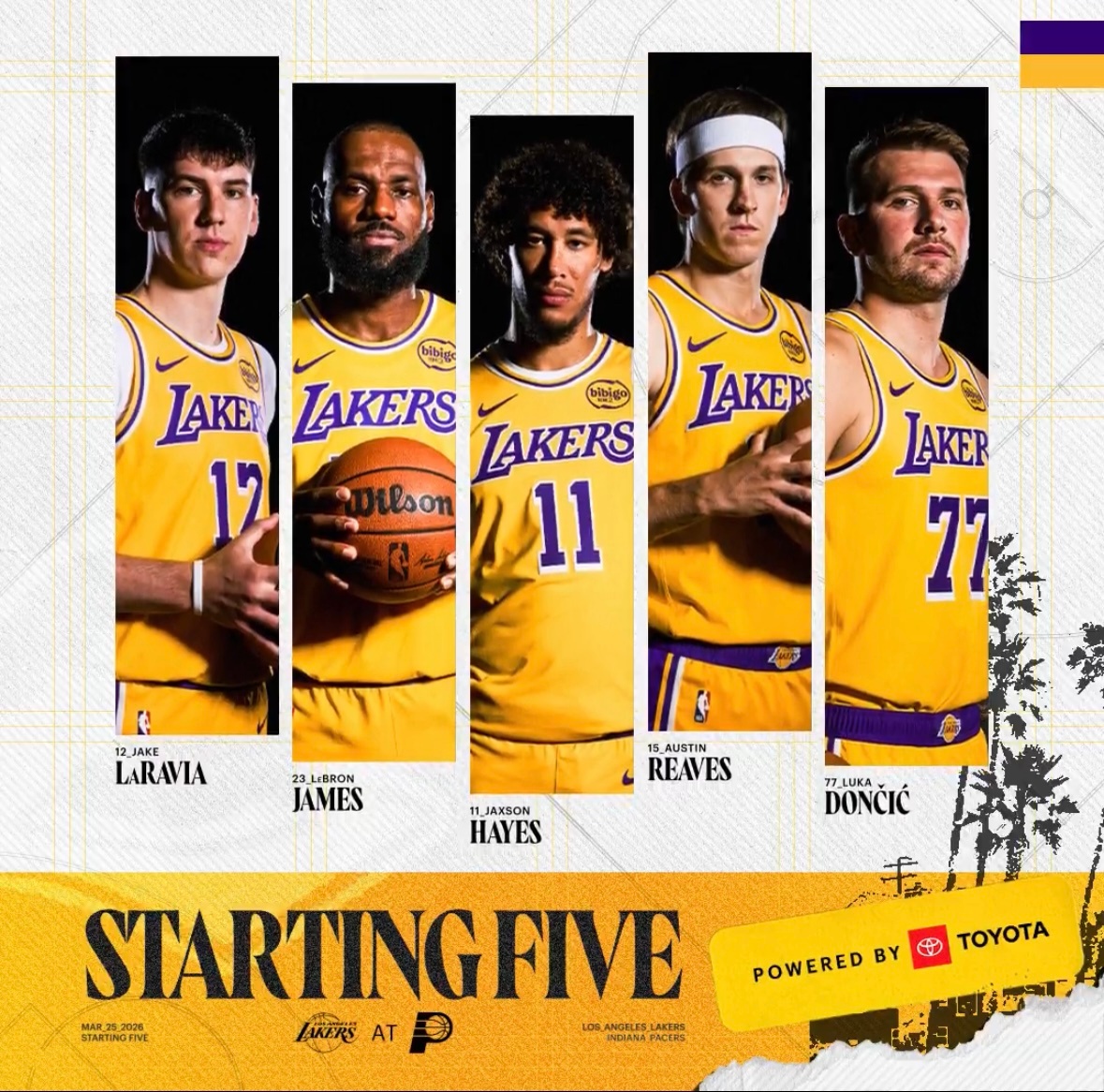 湖人首发：东契奇、里夫斯、拉拉维亚、詹姆斯、海斯步行者首发：内姆哈德、内史密斯、