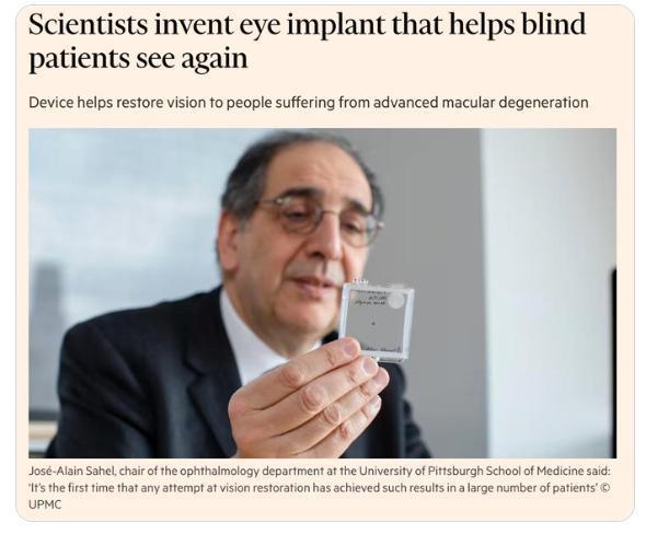 【科学家发明了一种眼部植入物，可以帮助失明患者重见光明！ 👁️】该设备使81%