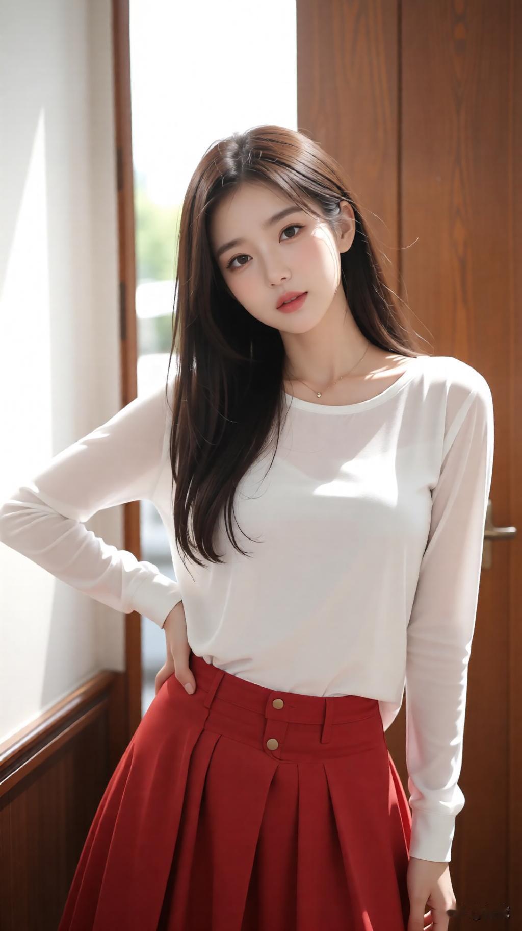 清新自然，白衬衫+红裙，简约优雅，少女感十足！