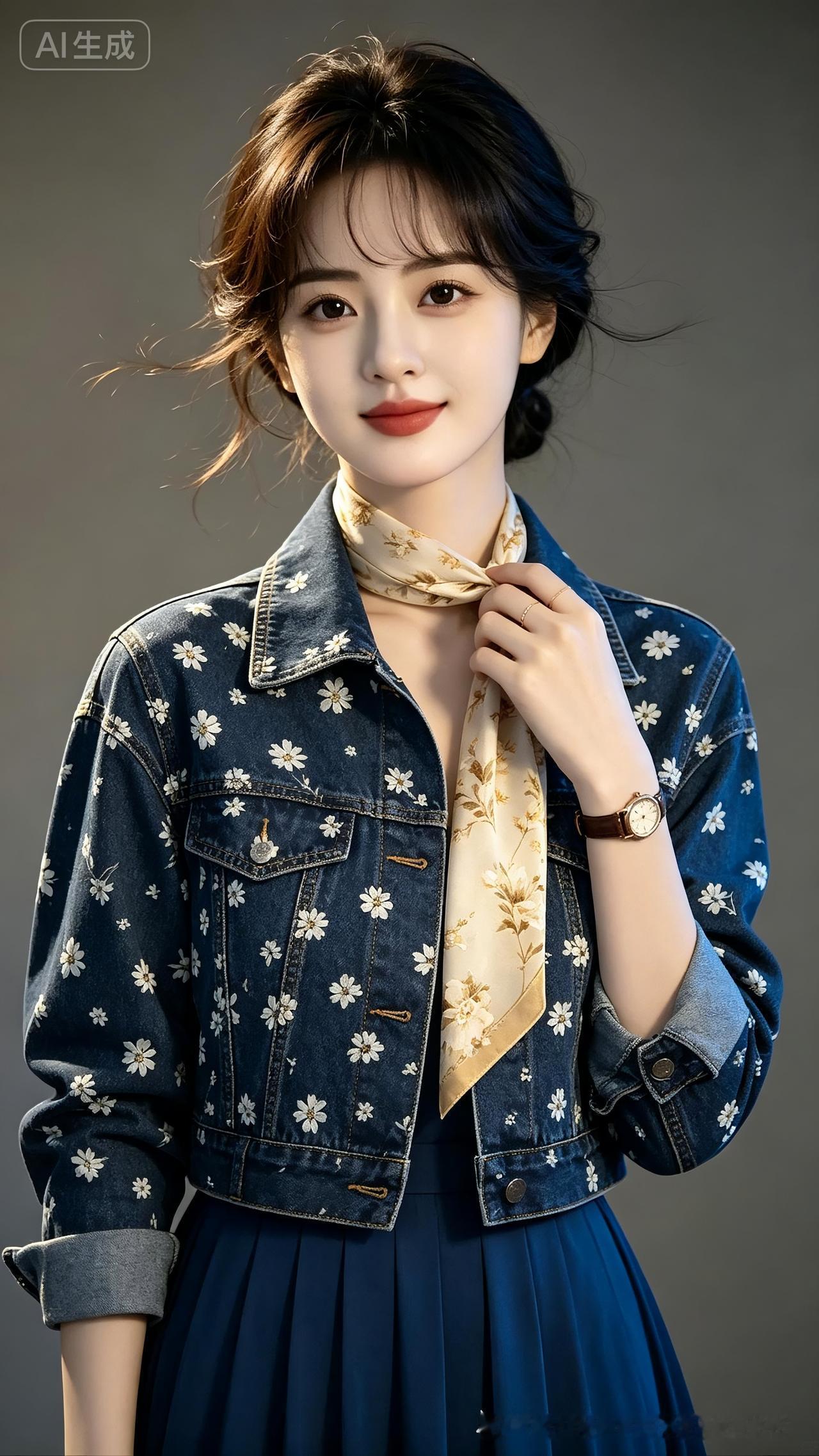 一个女孩穿着牛仔外套和蓝色裙子。