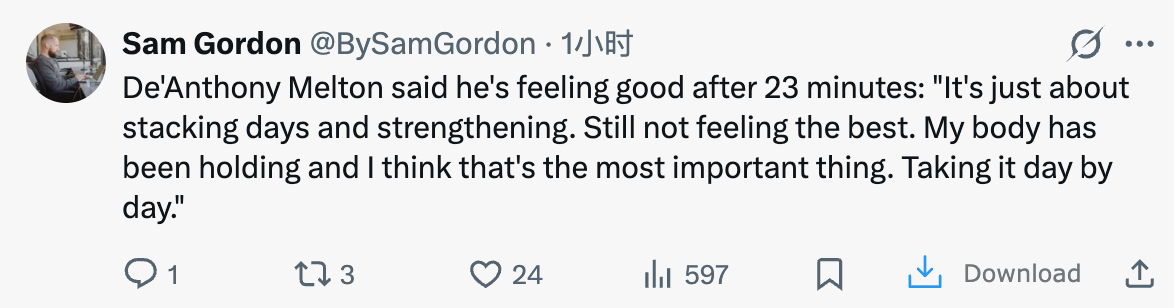 梅尔顿在出场 23 分钟后表示他感觉良好：“关键在于每天的积累和力量强化。目前还