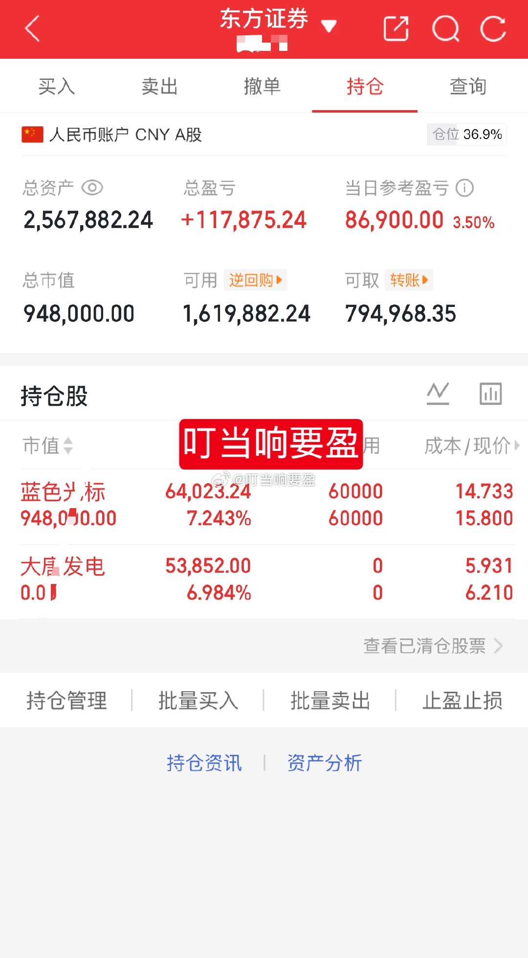 1百w挑战一年翻5倍（第104天）继续持有：300058蓝色光标早盘卖出：601
