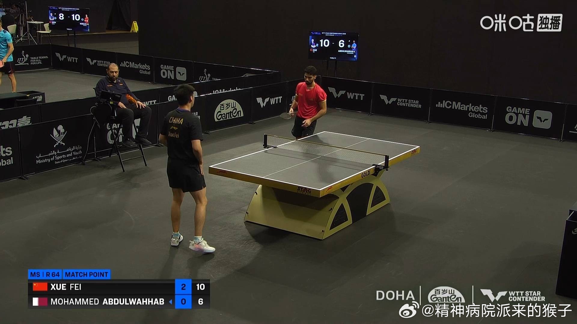 薛飞3比0阿卜杜勒瓦哈卜（12，5，6）晋级2026WTT多哈球星挑战赛男单三十