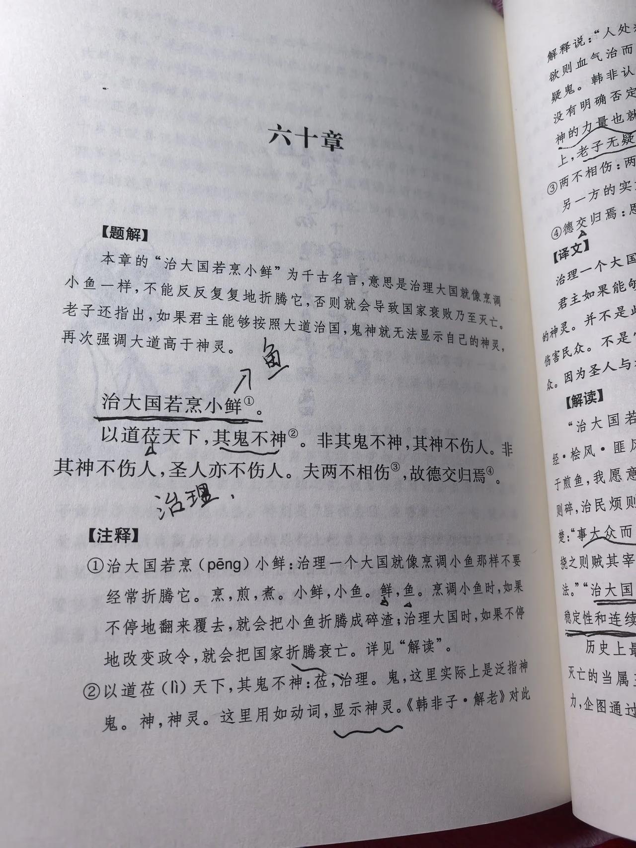 今日一学：治大国如烹小鲜
主旨：是清静无为，要求统治者保持政令的稳定性和连续性，