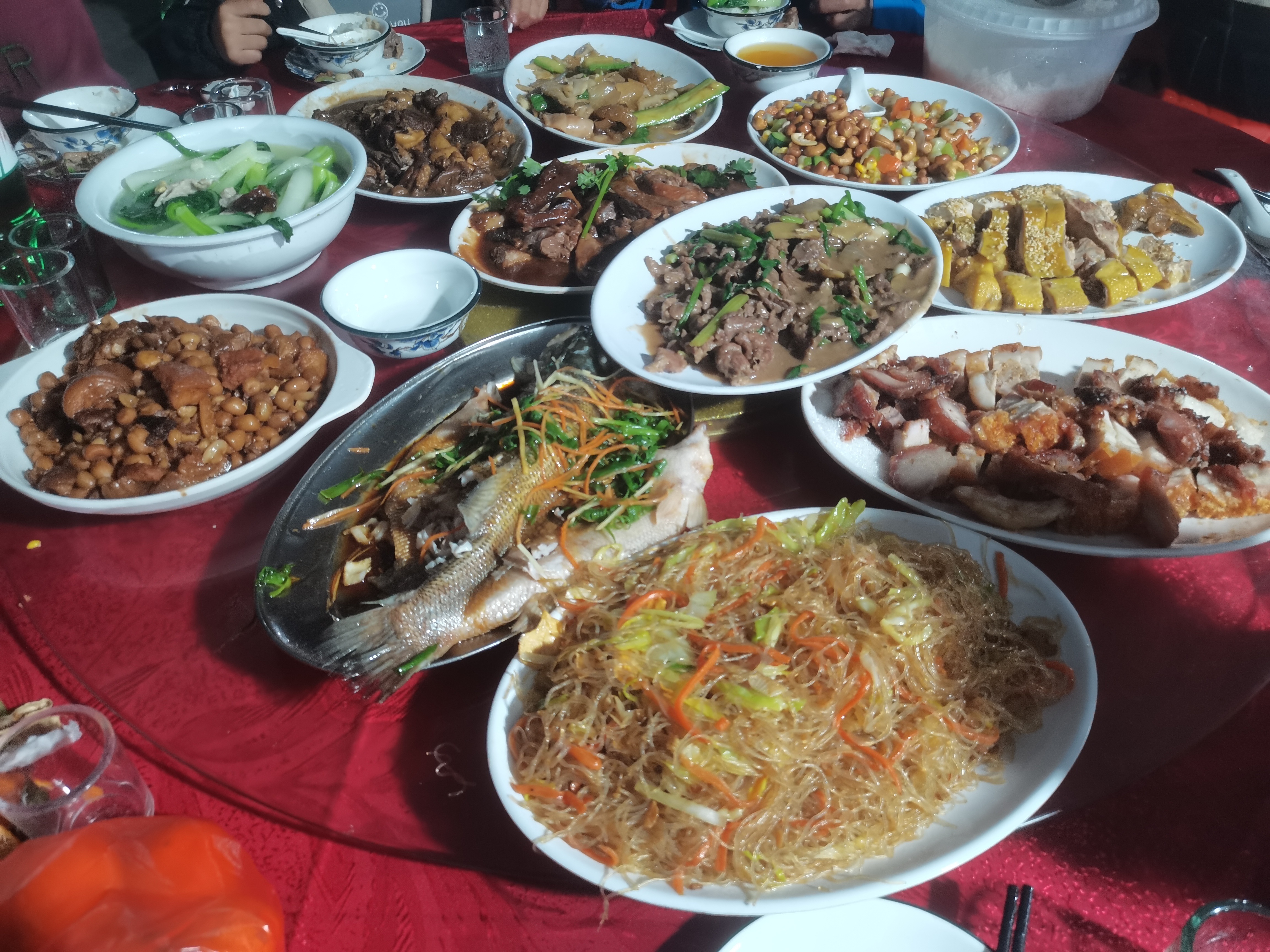 农村宴席豉油鹅，芝麻鸡，烧腊拼盘，支竹焖羊，姜葱牛肉，花生焖猪手，腰果丁，碧绿炒