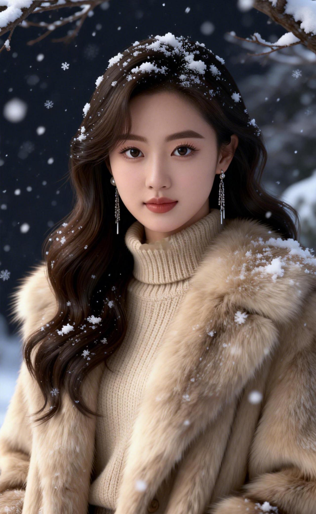 上联：素雪点鬓，绒衣暖玉生温润
下联：琼枝缀梦，云袖含香映清柔