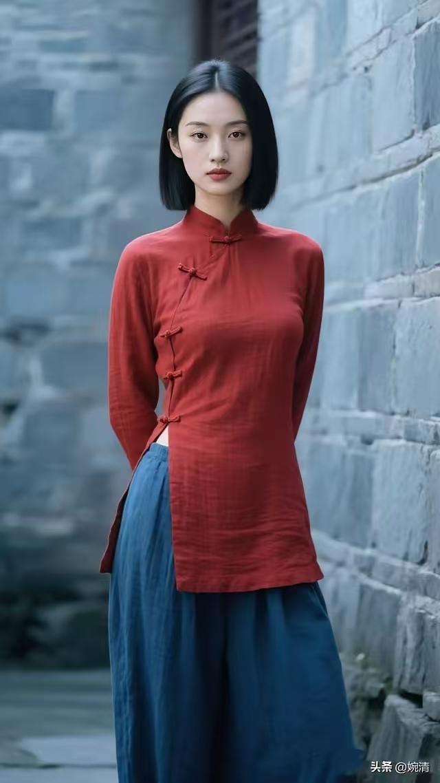 塞鸿秋·淡妆红影
立领朱服红蓝样，
青砖灰瓦容光亮。
麻田素织云雪状，
蛾眉淡扫