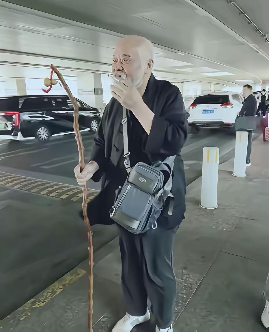 什么叫过活的通透，过的洒脱，这就是，这是网友在大街上偶遇李琦的画面，图中的他拄着