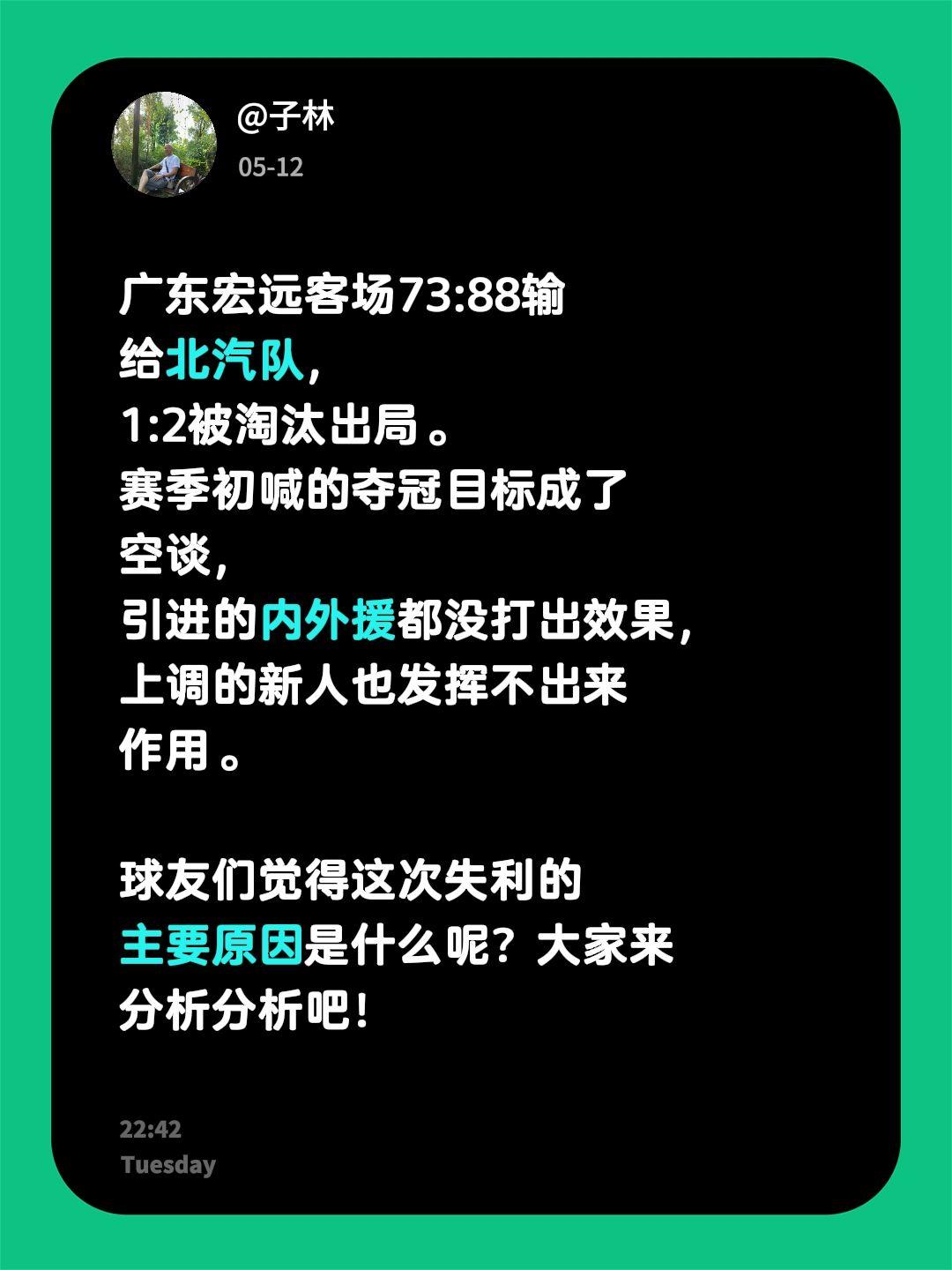 广东宏远客场73:88输给北汽队，1:2被淘汰出局。赛季初喊的夺冠目标成了空谈，
