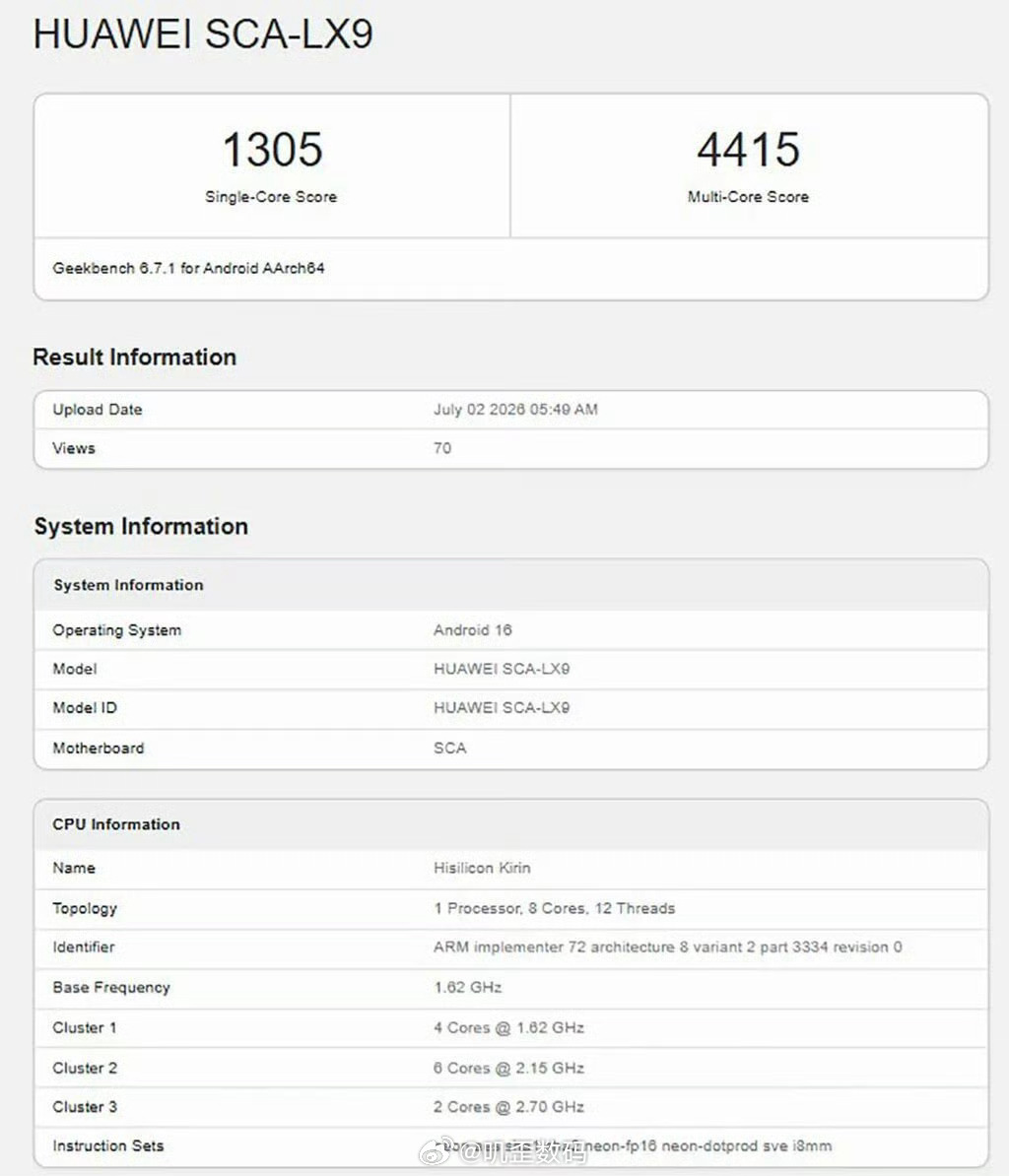 华为Pura 90s Pro Max 海外国际版Geekbench6跑分，麒麟9