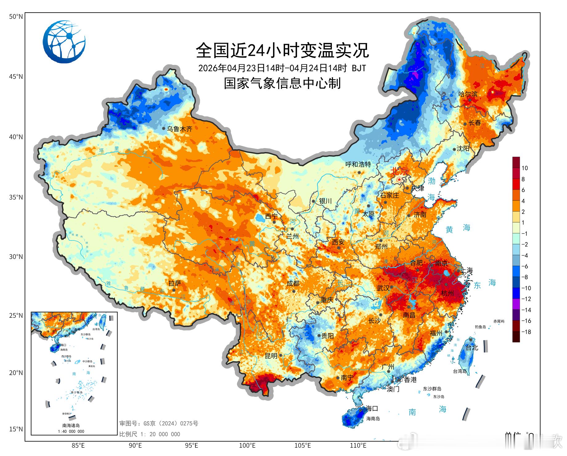 【气温】今天我国大部地区气温回升，其中云南南部和华东一带升温明显，对应阴雨之后，