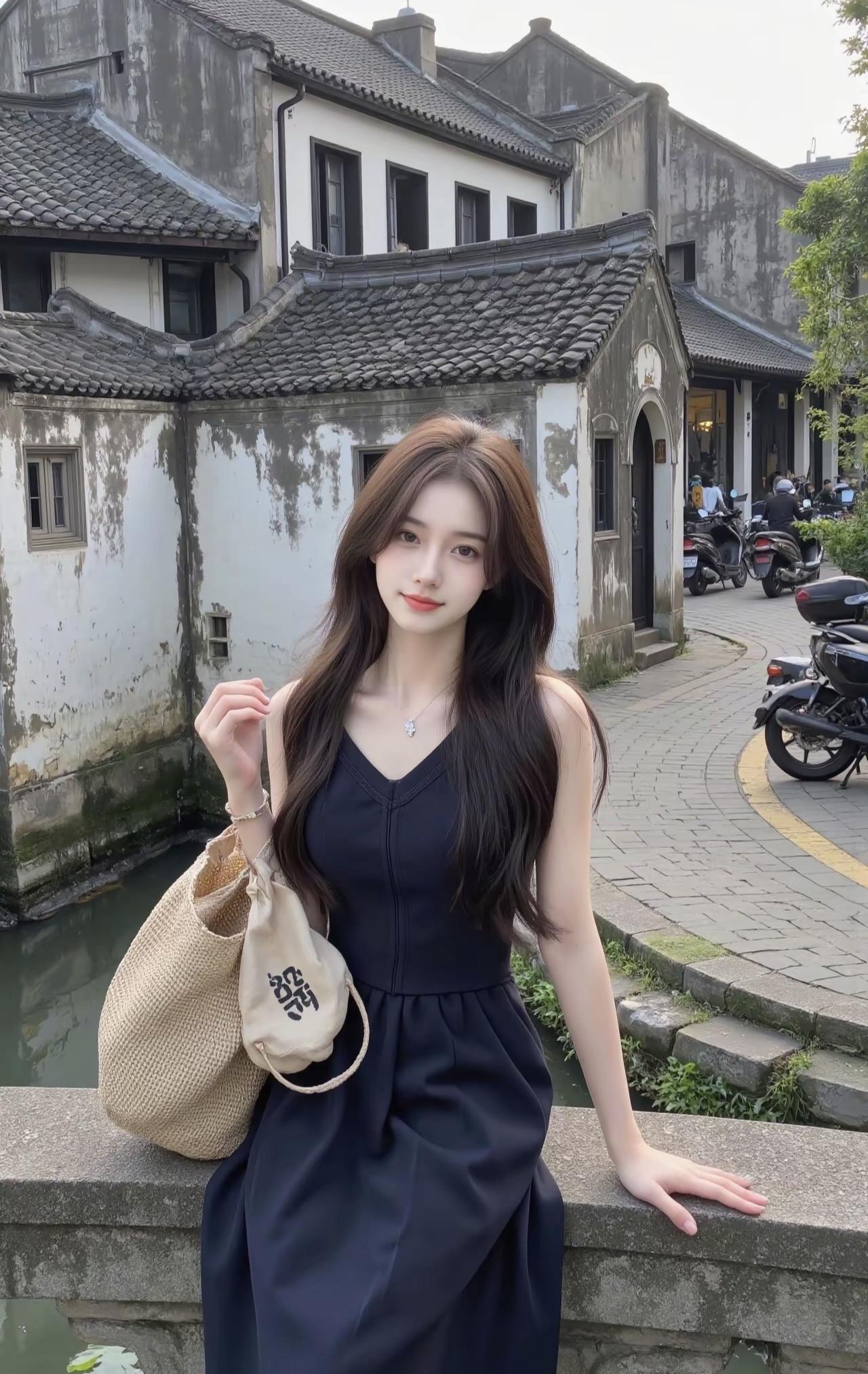 巷弄里的白墙黛瓦浸着水汽，乌篷船的影子晃在水边。穿一身墨蓝吊带裙，藤编包坠着软乎