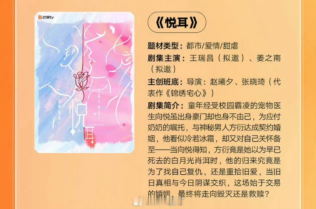 芒果TV都市短剧《悦耳》主演：王瑞昌、姜之南（拟邀）简介：童年经受校园霸凌的宠物